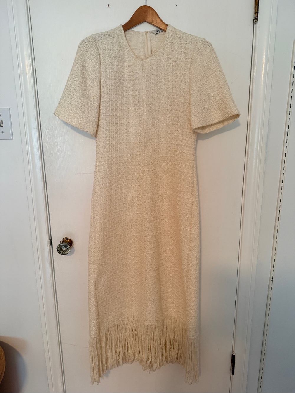 Zara Cream Textured Midi Dress with Fringe Hem